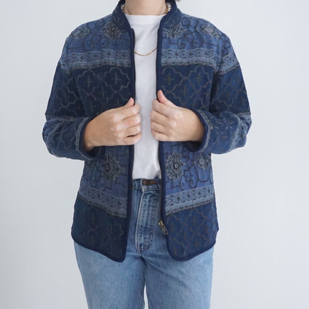 Vintage Tradition Country Navy Tapestry Zip Up Sweater Jacket 1